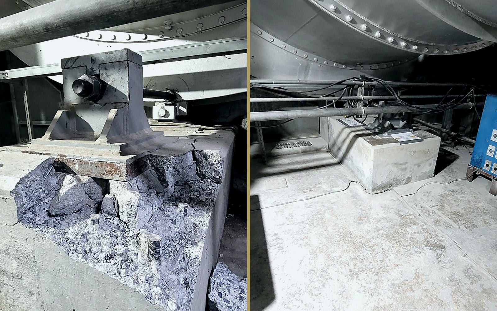 Dado de concreto de un difusor de turbina: antes de la reparación y después de la reconstrucción
