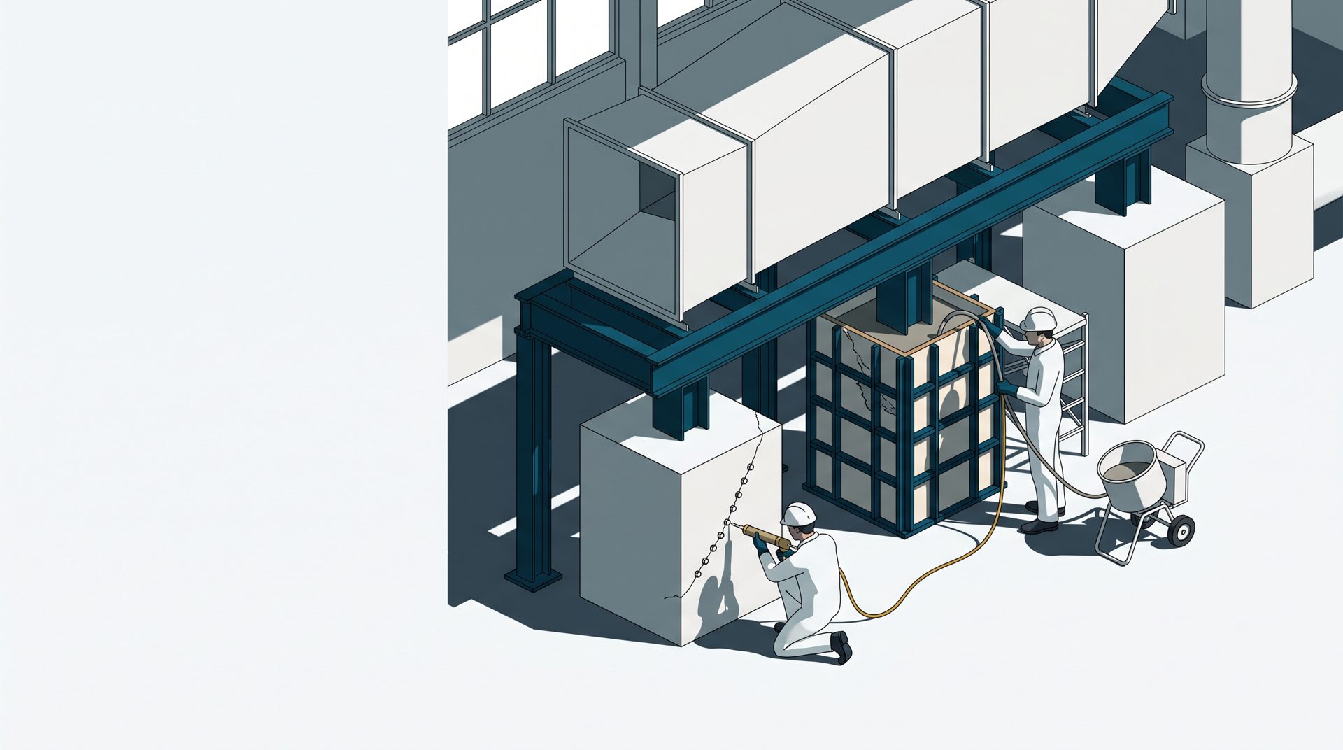 Reparación estructural de la cimentación de un difusor de turbina: inyección de resinas y concreto estructural, ilustración ELEA Group