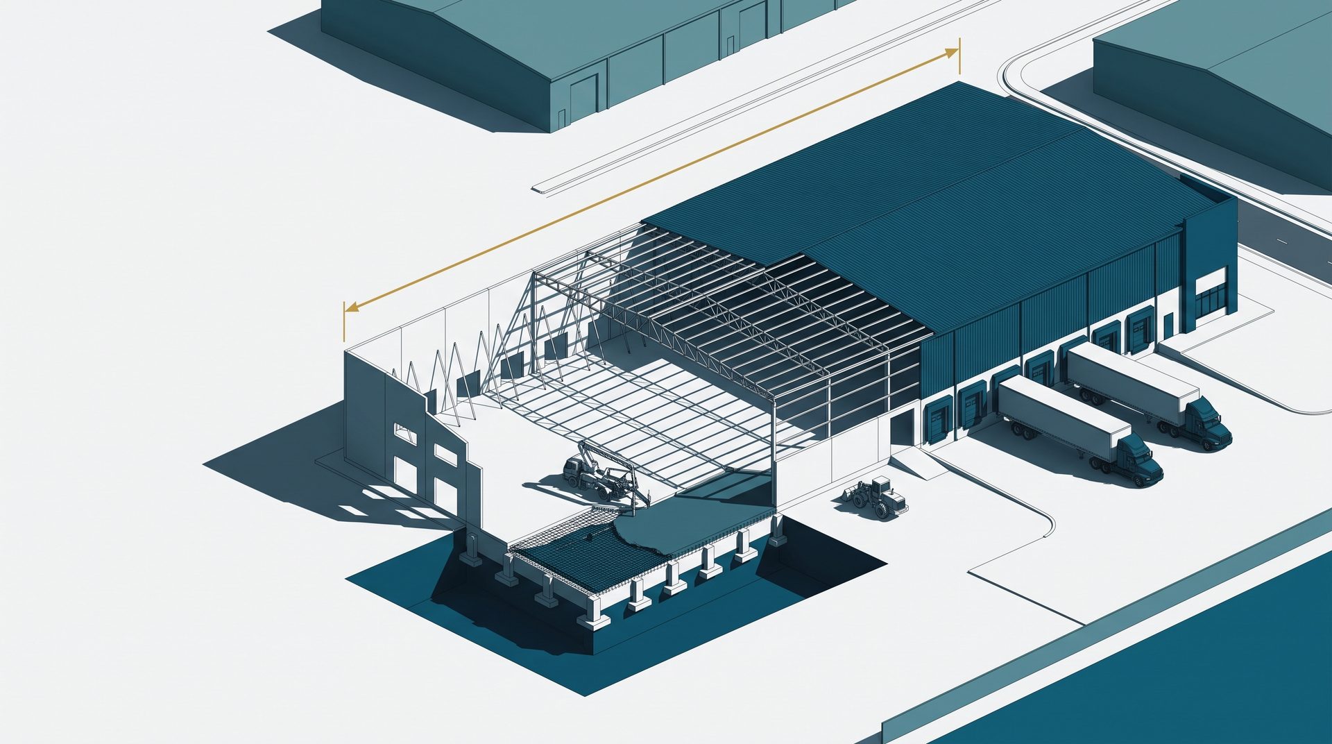 Proyecto ejecutivo de nave industrial en corte, con cimentación, estructura y patio de maniobras, ilustración ELEA Group