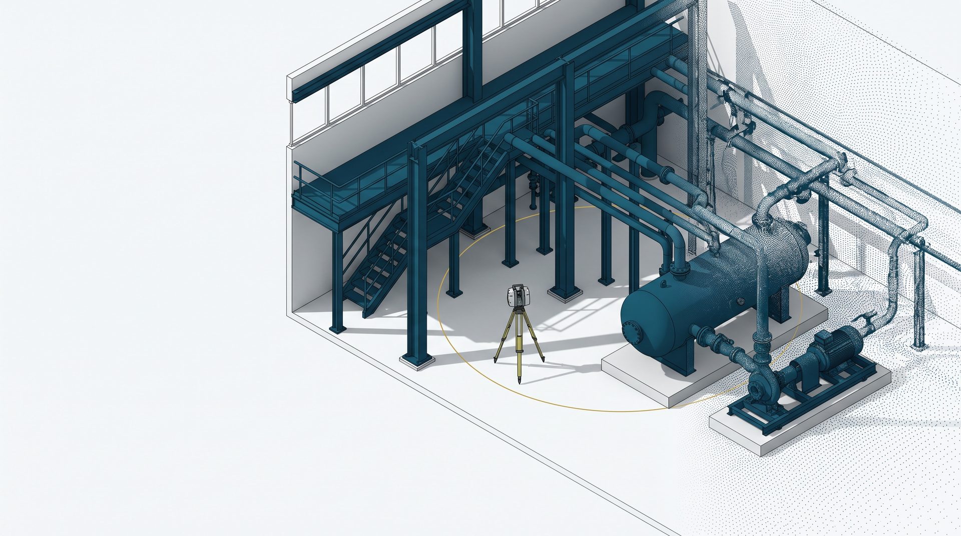 Escaneo láser 3D de una planta industrial con nube de puntos, ilustración ELEA Group