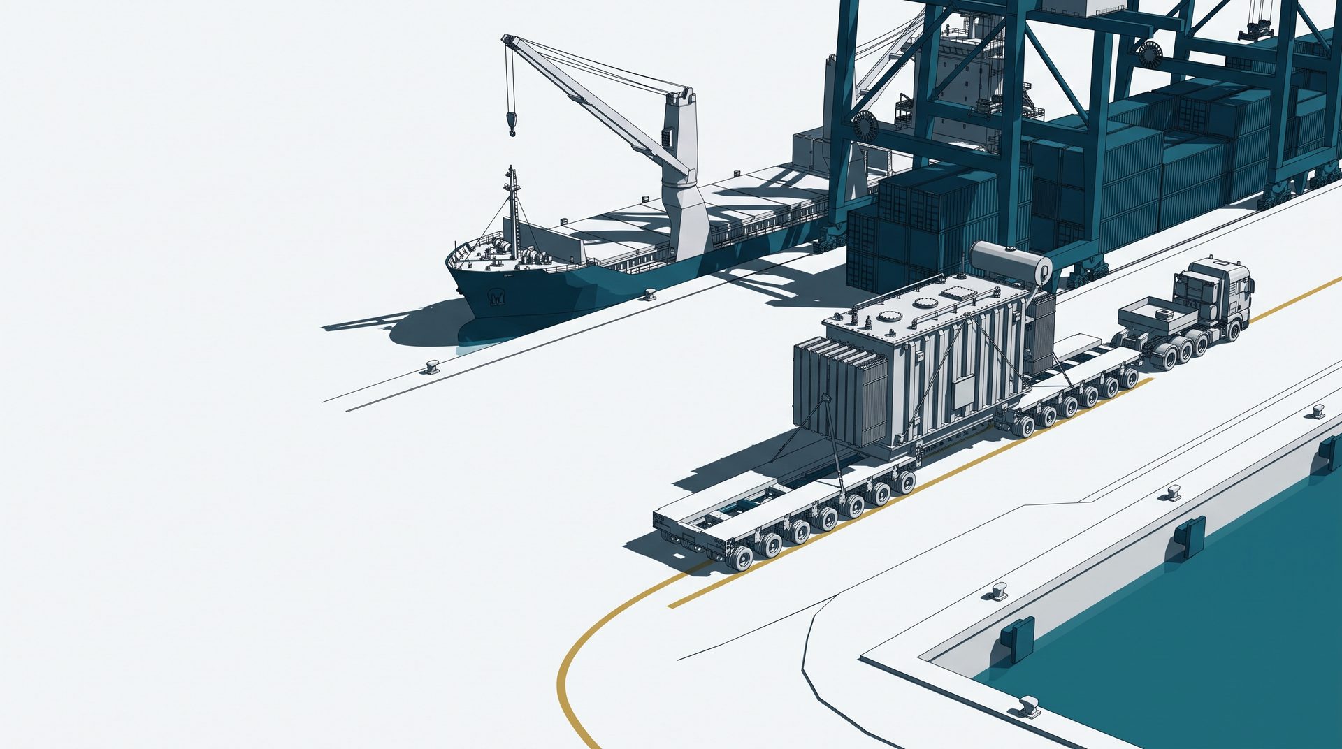 Estudio de ruta: transformador sobre remolque modular saliendo de un puerto industrial, ilustración ELEA Group